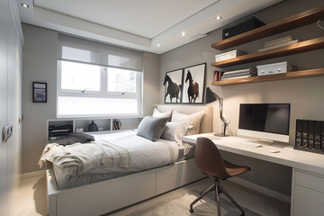 Modern minimalist bedroom with built in desk