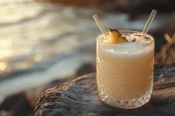 Tropical pineapple cocktail by the beach at sunset