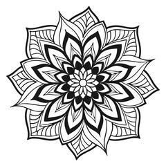 Floral Mandala Illustration: Layered Symmetrical Design. Black and White.