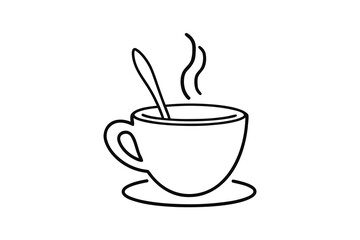 Single line art a steaming coffee cup with spoon saucer vector