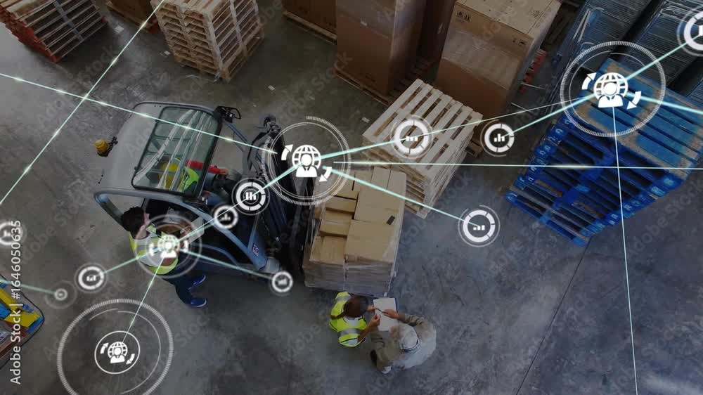 Poster assistant scanning box labels starting network while forklift operator lifting pallet for logistics