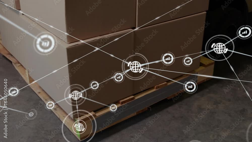 Poster glowing globe materializing before palleted boxes, radiating lines forming network connecting nodes