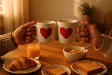 Hands holding heart mugs during a cozy breakfast with croissants and toast couple