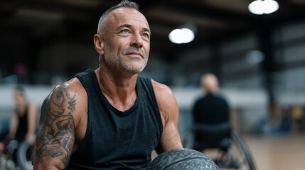 An experienced, middle-aged male amputee veteran, looking up with a determined expression while holding a basketball. He is wearing a black tank top, with tattoos visible on his arm, in a sports arena