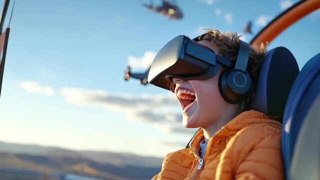 Boy child virtual reality headset orange jacket outdoor smiling immersive technology, young boy wearing virtual reality headset - Powered by Adobe