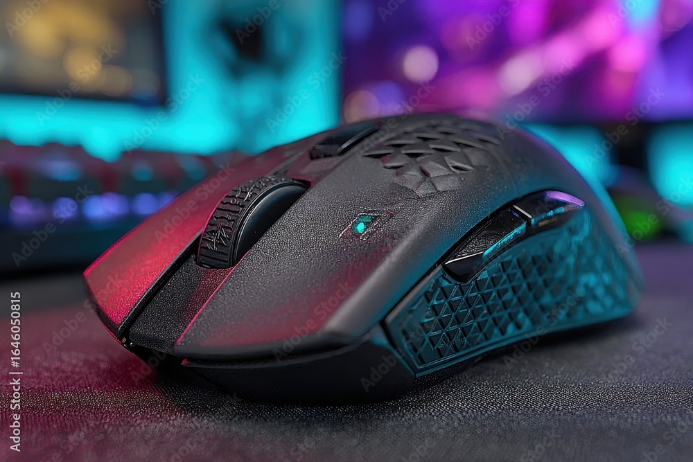 Poster macro close-up showcasing a sleek, dark-colored gaming mouse with intricate design elements, illumin