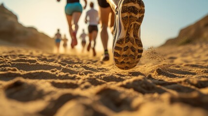 Runners' feet on a sandy trail.