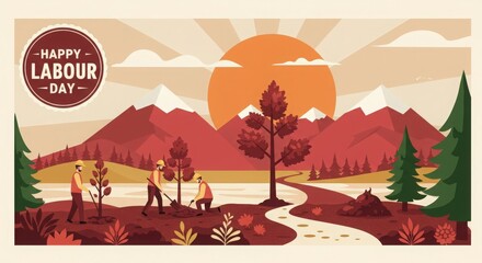 Happy labour day mountain landscape with hikers and autumn trees