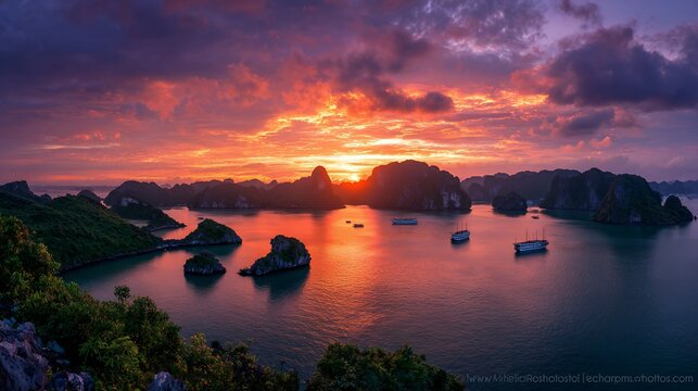 Islands & boats at sunset in Halong Bay, Vietnam; dramatic sky; scenic travel image