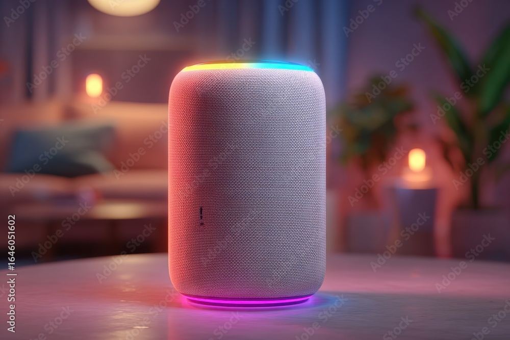 Poster smart speaker device on a table with atmospheric lighting in a living room, enhancing home automatio
