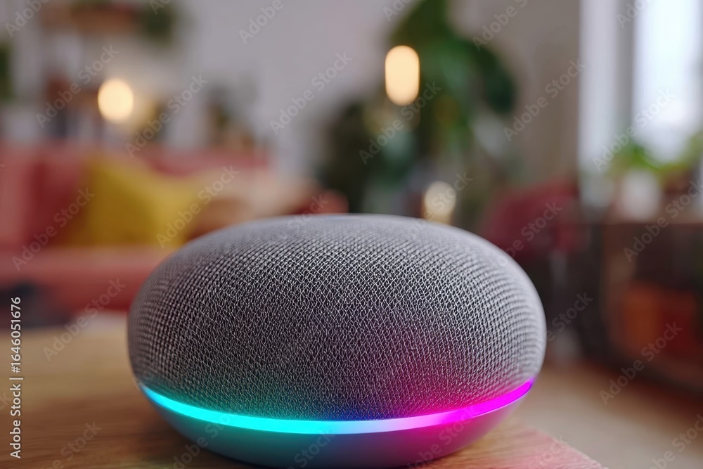 Poster a close-up shot of a smart speaker with colorful led lights on a wooden table, blurring the backgrou