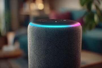 Close-up of a smart speaker with illuminated ring on top, showing blue and pink colors, blurred background with living room furniture and a green houseplant, indoors