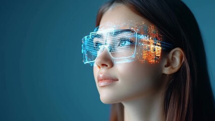 Futuristic woman with digital glasses exploring technology innovation, virtual reality, modern blue science, cyber smart interface - Powered by Adobe