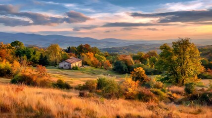 Fototapeta premium Serene Autumn Landscape with a Rustic House Surrounded by Vibrant Trees and Rolling Hills at Sunset