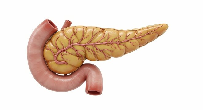 An anatomical illustration of the human pancreas gland nestled within the C-shaped curve of the duodenum on a white background.