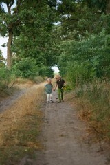 Obraz premium two boys holding hands run along a sandy road among trees