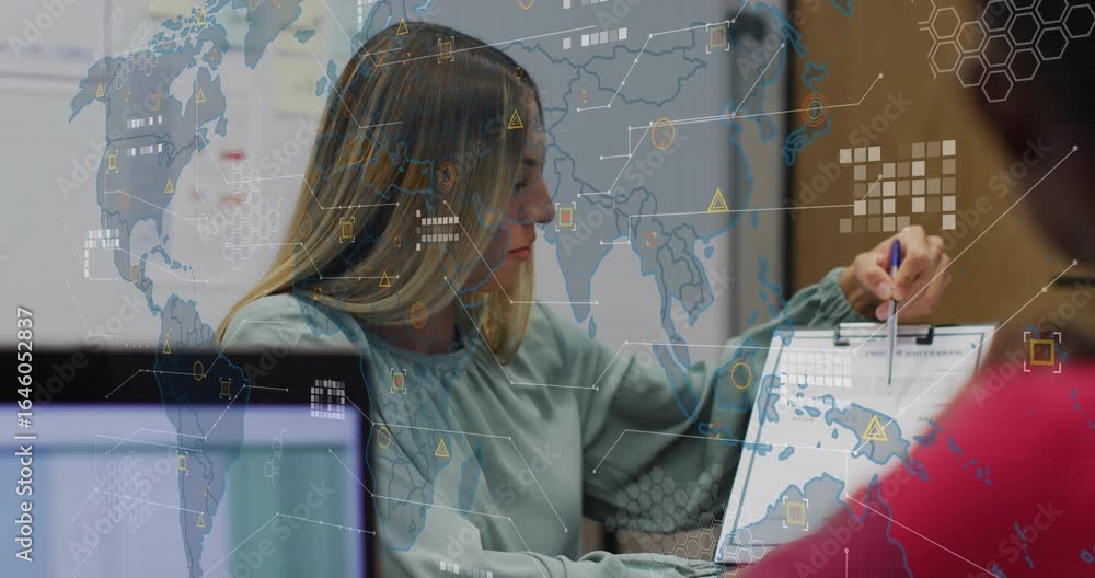 Poster presenter picking pen and pointing map during business route planning overlaying world map routes