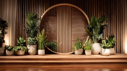 Obraz premium Indoor stage setup featuring various potted plants arranged on a wooden podium against a wooden slat backdrop for a natural and elegant decoration