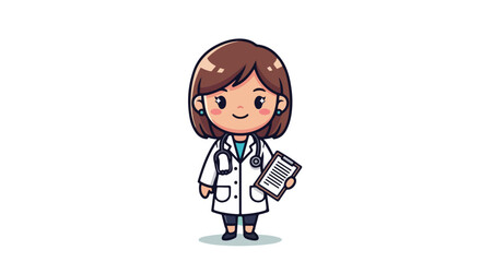 Cute cartoon doctor vector, female medical professional with stethoscope and clipboard, isolated on white background