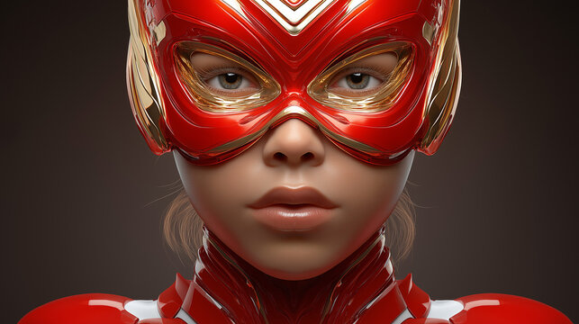 Frau mit roter Superheldenmaske in dramatischer Pose
