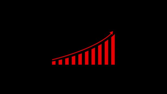 Red bar graph with upward trending arrow on black background representing financial growth and - Powered by Adobe