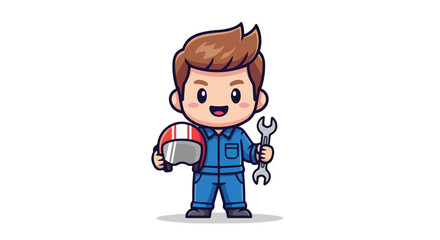 A charming VECTOR illustration of a cheerful 'MEKANIK' character, a skilled automotive mechanic in blue overalls, holding a wrench and a red helmet.