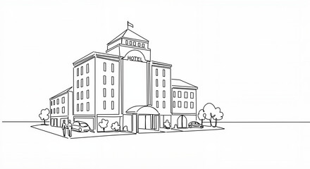 Fototapeta premium Linear illustration of a hotel building with cars and people in front of it, with a clear background