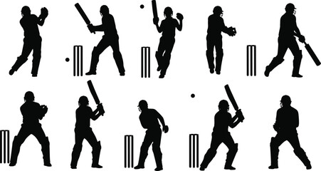 Cricket player silhouettes in various batting, wicket-keeping, and fielding positions with cricket stumps and balls on a white background.