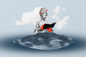 Banner 3d image 3d photo collage of serious duchess girl hold book read novel bookwork hobby...