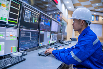 Engineer working at control room, Manager control system, Technician man monitoring program from a...