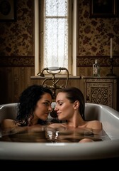 Two beautiful women are sitting in a bathtub filled with clear water, looking at each other tenderly in a vintage style bathroom with floral wallpaper and old furniture