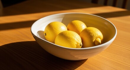 Four bright yellow lemons in a white ceramic bowl on a wooden table with sunlight and shadows fruit citrus