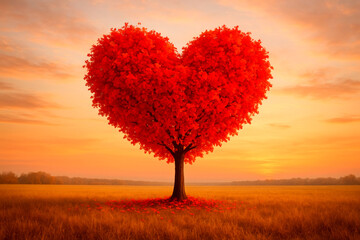 Heart Shaped Tree with Red Leaves in a Golden Field at Sunset love nature
