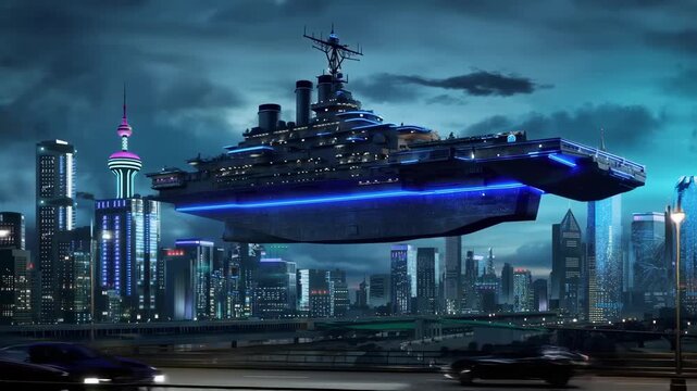 A massive futuristic warship hovers above a glowing city skyline at night, illuminated by blue lights. Advanced technology and towering skyscrapers create an epic scene of science fiction and urban wo