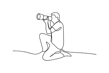 Single line drawing a person kneeling with a camera photography photographer