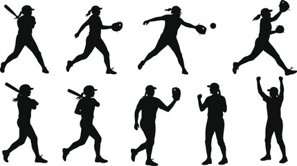 Female softball player silhouette set, batting, pitching, catching, running, celebrating, sports action vector clipart, black figure illustration