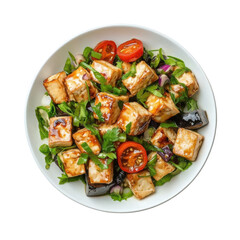Fresh Tofu Salad with Cherry Tomatoes, Herbs, and Dressing in a White Bowl on transparent background