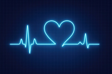 Neon blue heart shape electrocardiogram pulse line on dark grid background love