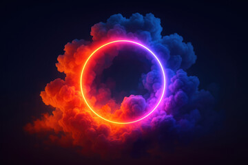 Obraz premium Neon Circle Surrounding Multicolored Smoke Against Dark Backdrop ring glowing