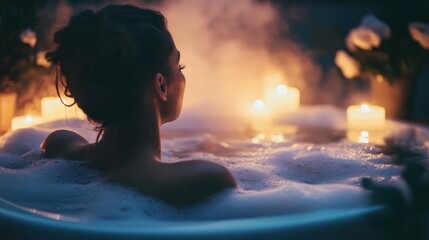 Woman relaxing in a warm, bubbly bath at night.