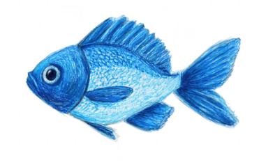 Drawing of a fish in blue color, a children's drawing, png, transparent