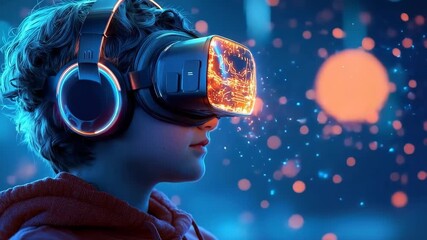 Boy virtual reality headset headphones glowing technology futuristic digital immersive gaming, young boy wearing virtual reality - Powered by Adobe