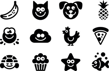Obraz premium Cheerful black glyph icons: food, animals, and nature.