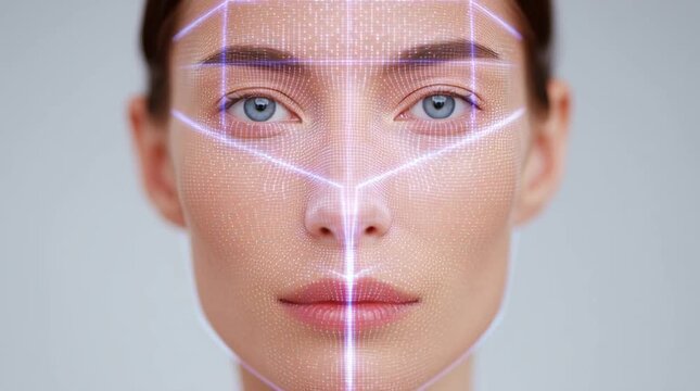 Female model with digital facial mapping, showcasing progressive stages of facial recognition technology, highlighting intricate details and visual patterns in a seamless motion sequence