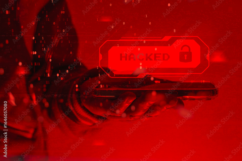 Poster hacker holding smartphone with hacked alert message and icon on red cyber background. concept of mob