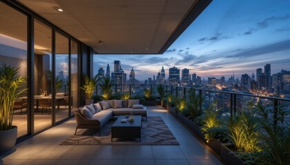 Modern balcony with city view at twilight
