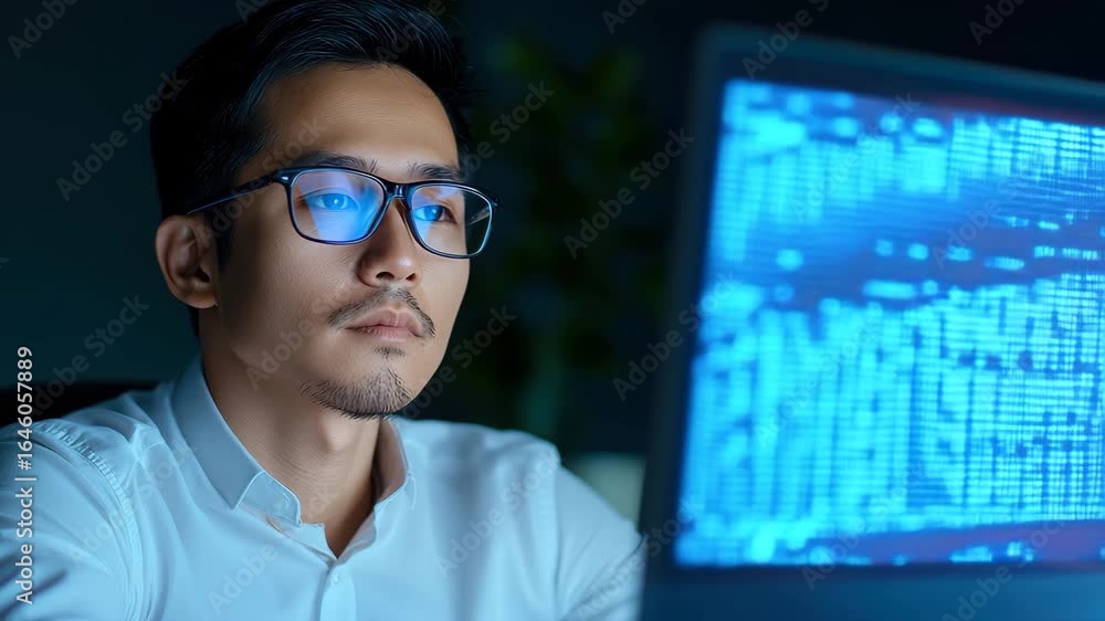 Poster young asian man with glasses focused computer screen displaying blue data code and technology office