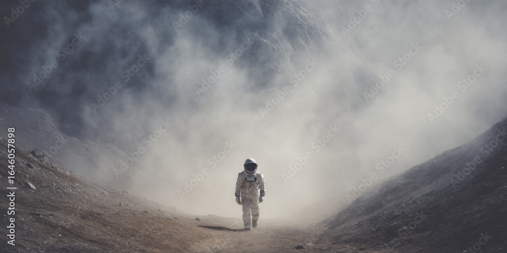 Poster astronaut walking alone in a dusty alien landscape with mysterious atmosphere surrounding the journe