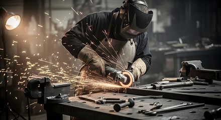 Industrial craftsman in protective gear grinding steel on a workbench with sparks flying in a workshop.