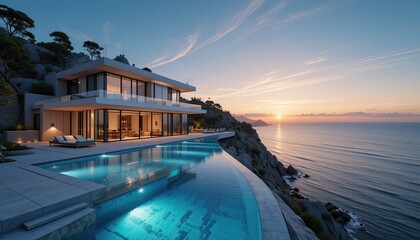 Fototapeta premium Modern luxury villa with infinity pool overlooking the ocean at sunset